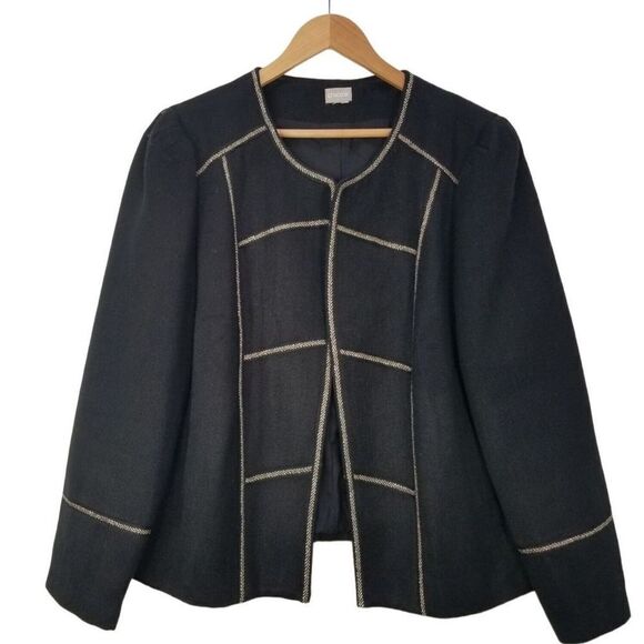 NWT Chico’s Black Gold Trim Open Front Military Style Wool Blazer - Picture 1 of 14